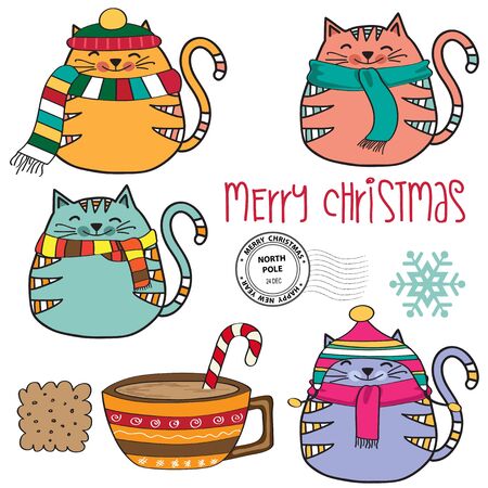 Cute cozy cats collection  and other Christmas elementsのイラスト素材
