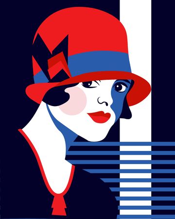 Fashion woman with hat. Portait art deco style. Flat design. Vector.