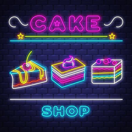 Cake Shop - Neon Sign Vector. Cake Shop - neon sign on brick wall background, design element, light banner, announcement neon signboard, night advensing. Vector Illustration.のイラスト素材