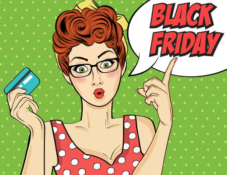 Black friday banner with pin-up girl. Retro style. Vector