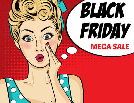 Black friday banner with pin-up girl. Retro style. Vectorのイラスト素材