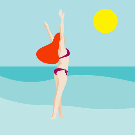 minimalist portrait of woman at beach. Summer banner. Beach sceneのイラスト素材