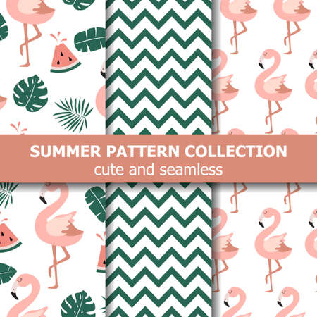 Summer pattern collection. Flamingo and watermelon theme, Summer banner. Vectorのイラスト素材