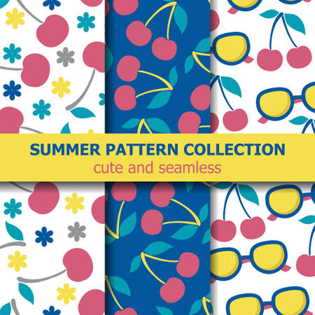 Summer pattern collection with cherries and sunglasses. Summer banner. Vectorのイラスト素材