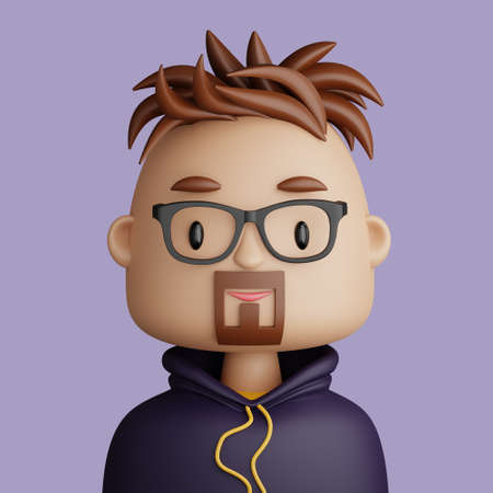 3D illustration of smiling  caucasian man. Cartoon close up portrait of standing caucazian man  with beard on a purple background. 3D Avatar for ui ux.の写真素材
