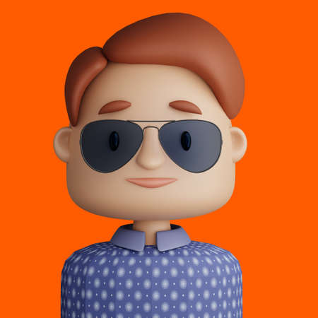 3D illustration of smiling  man. Cartoon close up portrait of smiling  man with sunglasses on a orange  background. 3D Avatar for ui ux.の写真素材