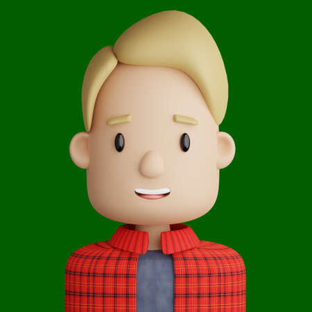 3D illustration of smiling  young man. Cartoon close up portrait of smiling  blonde man  on a green ...
