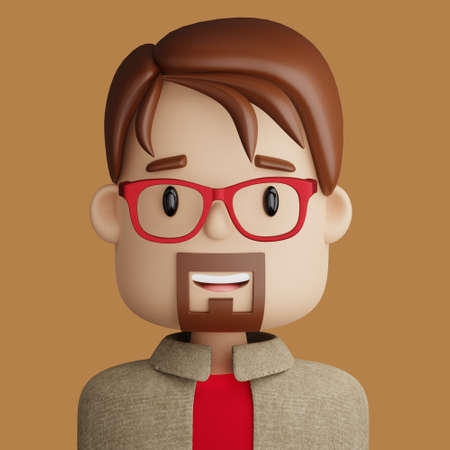 3D illustration of bearded man. Cartoon close up portrait of smiling man on a brown background. 3D...