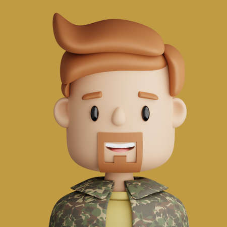 3D illustration of smiling  bearded man. Cartoon close up portrait of smiling bearded man  on a brown background. 3D Avatar for ui ux.の写真素材