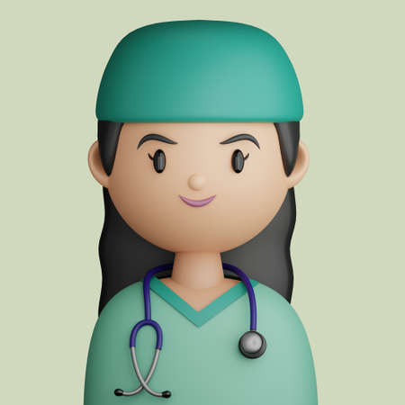 3D illustration of pretty woman doctor Cartoon close up portrait of smiling brunette woman doctor on a green background. 3D Avatar for ui ux.の写真素材