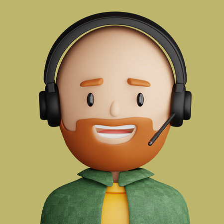 3D illustration of bearded man.. Cartoon close up portrait of smiling bearded man with headphones and microphone on a green background. 3D Avatar for uiの写真素材