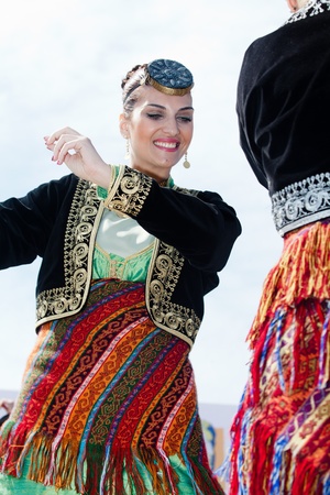 THESSALONIKI, GREECE - APRIL 1: 7th International Alexander The Great Marathon. Meeting of Balkan dance bands that danced along with finishes of streets, the square of the White Tower on April 1, 2012 in Thessaloniki, Greeceのeditorial素材