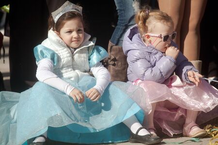 ALEXANDROUPOLIS, GREECE - FEB 25: Unidentified participant of carnival parade in Alexandroupolis on February 25, 2012 in Evros, Alexandroupolis, Greece. Little girls dressed as princesses.のeditorial素材