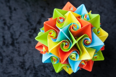 Closeup of big origami star flowers from paper with selective focusの写真素材