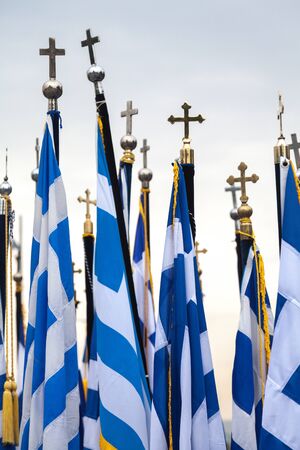 100th liberation anniversary from the Cityâs 500 years Ottoman Empire Occupation; flown of the Greek flag on the White Tower in Thessaloniki - Greeceの写真素材