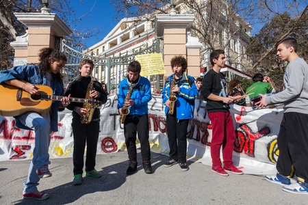 THESSALONIKI, GREECE - JAN 30: Protest rally at music schools on Jan 30, 2013 in Thessaloniki, Greece. The protestors object to cuts in the salaries of specialty curriculum teachers in Greece.のeditorial素材