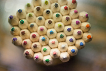 Colored wooden Crayons. Upside view. Soft focus.の写真素材