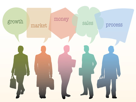 Silhouettes of business people with colorful dialog speech bubbles. Vector illustrationのイラスト素材