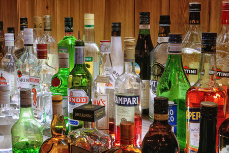 ALEXANDROUPOLIS, GREECE - NOV 29: Collection of alcoholic drinks popular in nightclubs and bars in city of Alexandroupolis on November 29, 2014 in Greeceのeditorial素材