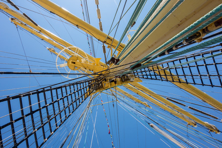 Marine rope ladder at pirate ship. Sea hemp ropes on the old nautical vessel.の写真素材