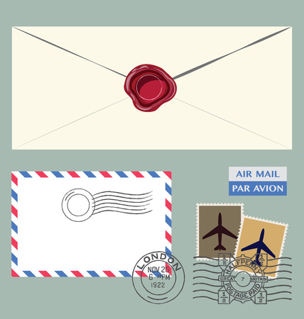 Set of postal stamps, envelope and postmarksのイラスト素材