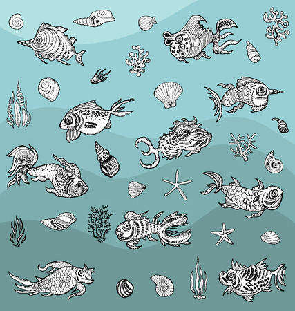 Monster fish sketches set. Hand drawn vector marine setのイラスト素材