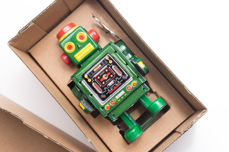 Robot in box on white backgroundの写真素材