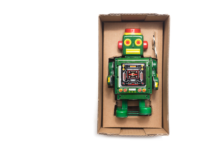 Robot in box on white backgroundの写真素材