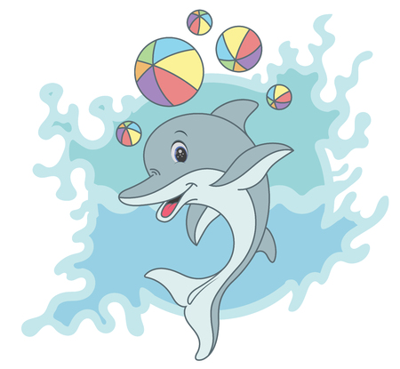 Happy dolphin playing with balls in the foam of wavesのイラスト素材