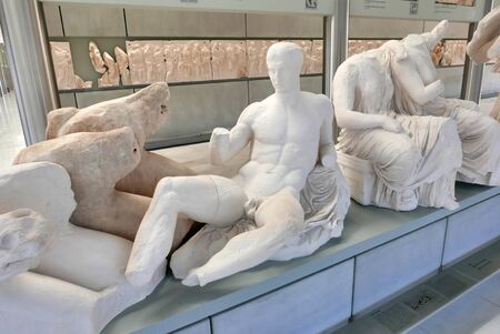 ATHENS, GREECE - AUGUST 24, 2018: Inside view of the Acropolis museum. Part of the Parthenon gallery. Metopes and pediment on the 3rd level of the New Acropolis Museum. Open to the public since 2009.のeditorial素材