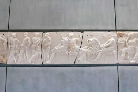 ATHENS, GREECE - AUGUST 24, 2018: Inside view of the Acropolis museum. Part of the Parthenon gallery. Metopes and pediment on the 3rd level of the New Acropolis Museum. Open to the public since 2009.のeditorial素材