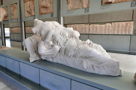 ATHENS, GREECE - AUGUST 24, 2018: Inside view of the Acropolis museum. Part of the Parthenon gallery. Metopes and pediment on the 3rd level of the New Acropolis Museum. Open to the public since 2009.のeditorial素材