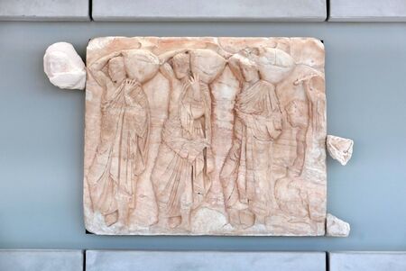 ATHENS, GREECE - AUGUST 24, 2018: Inside view of the Acropolis museum. Part of the Parthenon gallery. Metopes and pediment on the 3rd level of the New Acropolis Museum. Open to the public since 2009.のeditorial素材