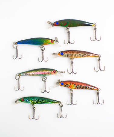 Fishing Lures with hooks on a white backgroundの写真素材