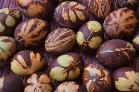Ready-dyed eggs with natural colors obtained from various plants. No dyes and chemicalsの写真素材