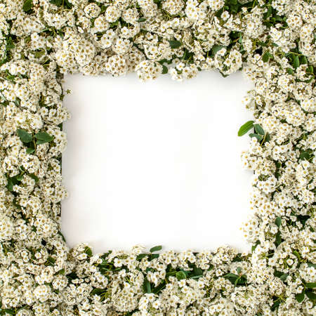 Creative nature layout made of flowers with paper card note. Flat lay frame. Summer concept.