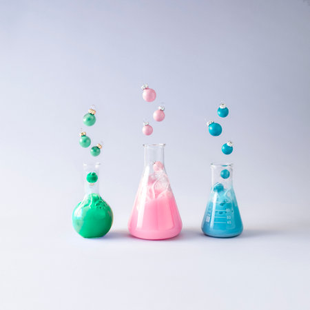 Pink, blue and green laboratory bottles with christmas baubles coming out of them. Chemical reaction of Christmas balls. Minimal creative concept.の写真素材