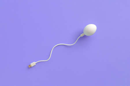 White Easter egg with cable on pastel purple background. Minimal fertilization composition. Creative new life concept.の写真素材