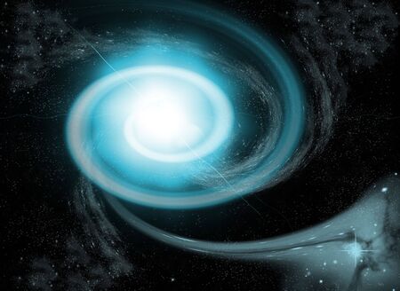 blue nebula spiral goes in blackhole on deep black space, born of new universe  の写真素材