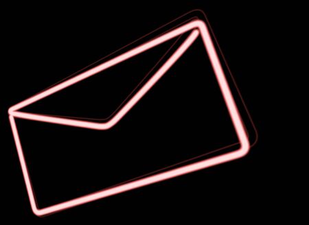 Red neon envelope with slim red shadow on black backgroundの写真素材