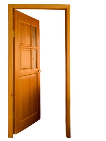 opened brown natural wooden door with fusing glass on whiteの写真素材