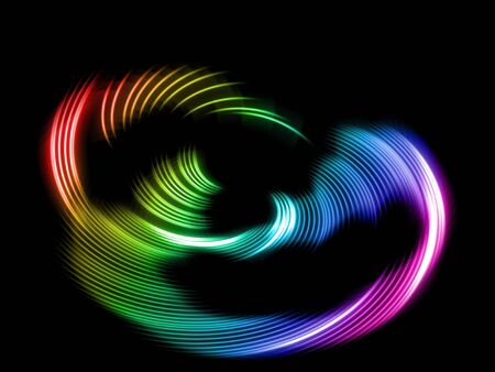 abstract rainbow neon waves on black background の写真素材