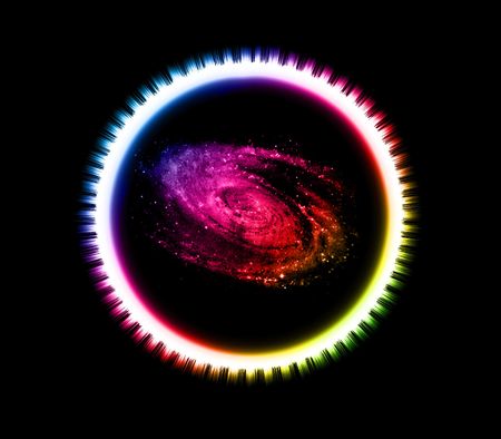 abstract rainbow neon circle and nebula on black background の写真素材