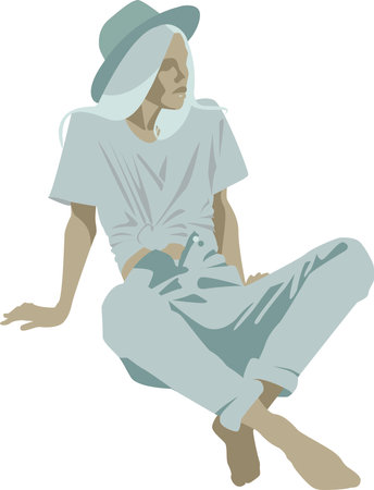 vector illustration of a sitting girl in pastel blue tones. in a hat and barefoot. perfect for the design of articles and spreads on the topic of fashion and styleのイラスト素材