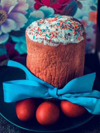 beautyfull Easter cake and colored eggs on Easter dayの写真素材