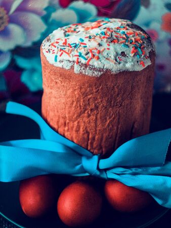 beautyfull Easter cake and colored eggs on Easter dayの写真素材