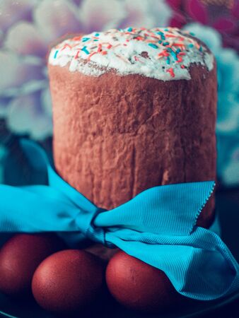 beautyfull Easter cake and colored eggs on Easter dayの写真素材