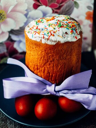 beautyfull Easter cake and colored eggs on Easter dayの写真素材