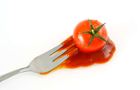 Tomato and ketchup with white background. Vegetables and condiment did people around the world know...
