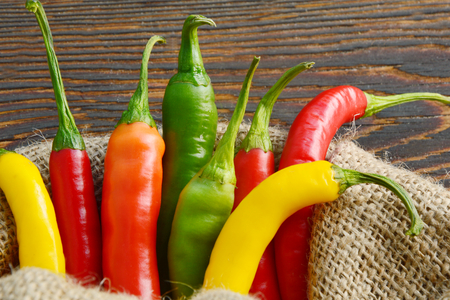 Mixed Colorful of Cayenne on sack background.の写真素材